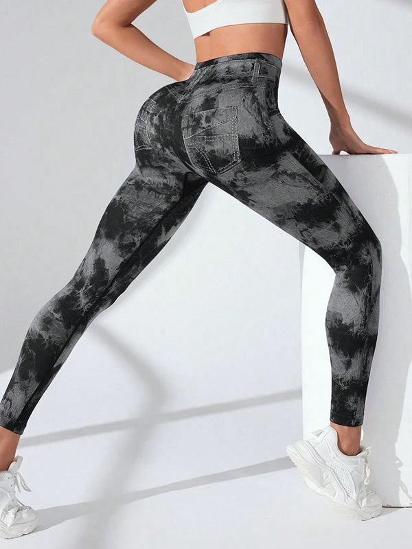 Female Hot Tie-dye Denim Pocket Scrunch Bum Leggings