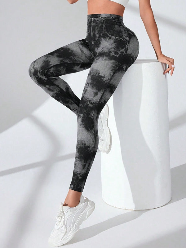 Female Hot Tie-dye Denim Pocket Scrunch Bum Leggings