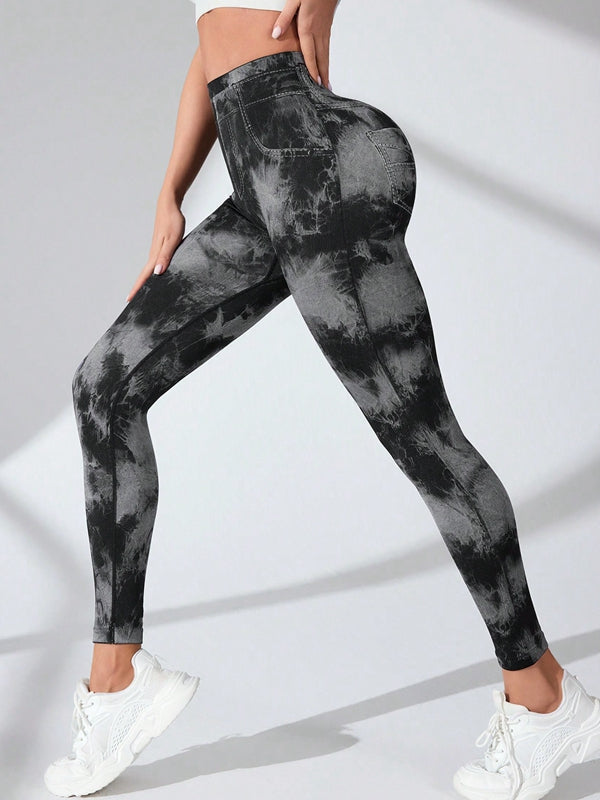 Female Hot Tie-dye Denim Pocket Scrunch Bum Leggings