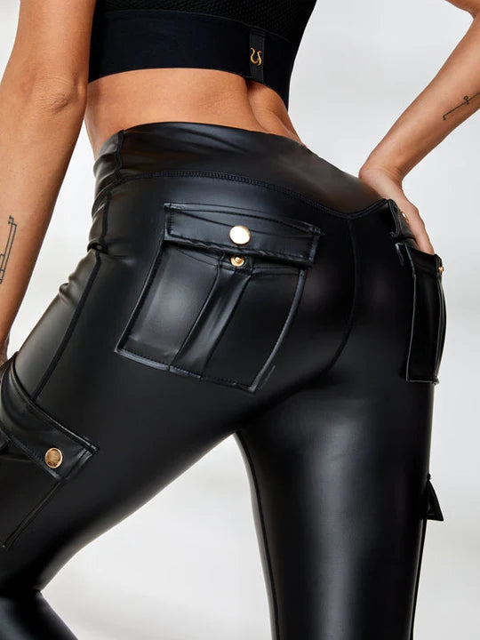 Female Faux Leather Pocket Scrunch Bum Cargo Leggings