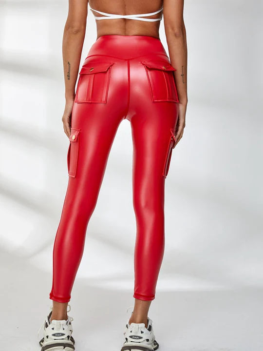 Female Faux Leather Pocket Scrunch Bum Cargo Leggings