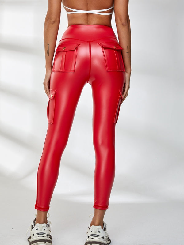 Female Faux Leather Pocket Scrunch Bum Cargo Leggings