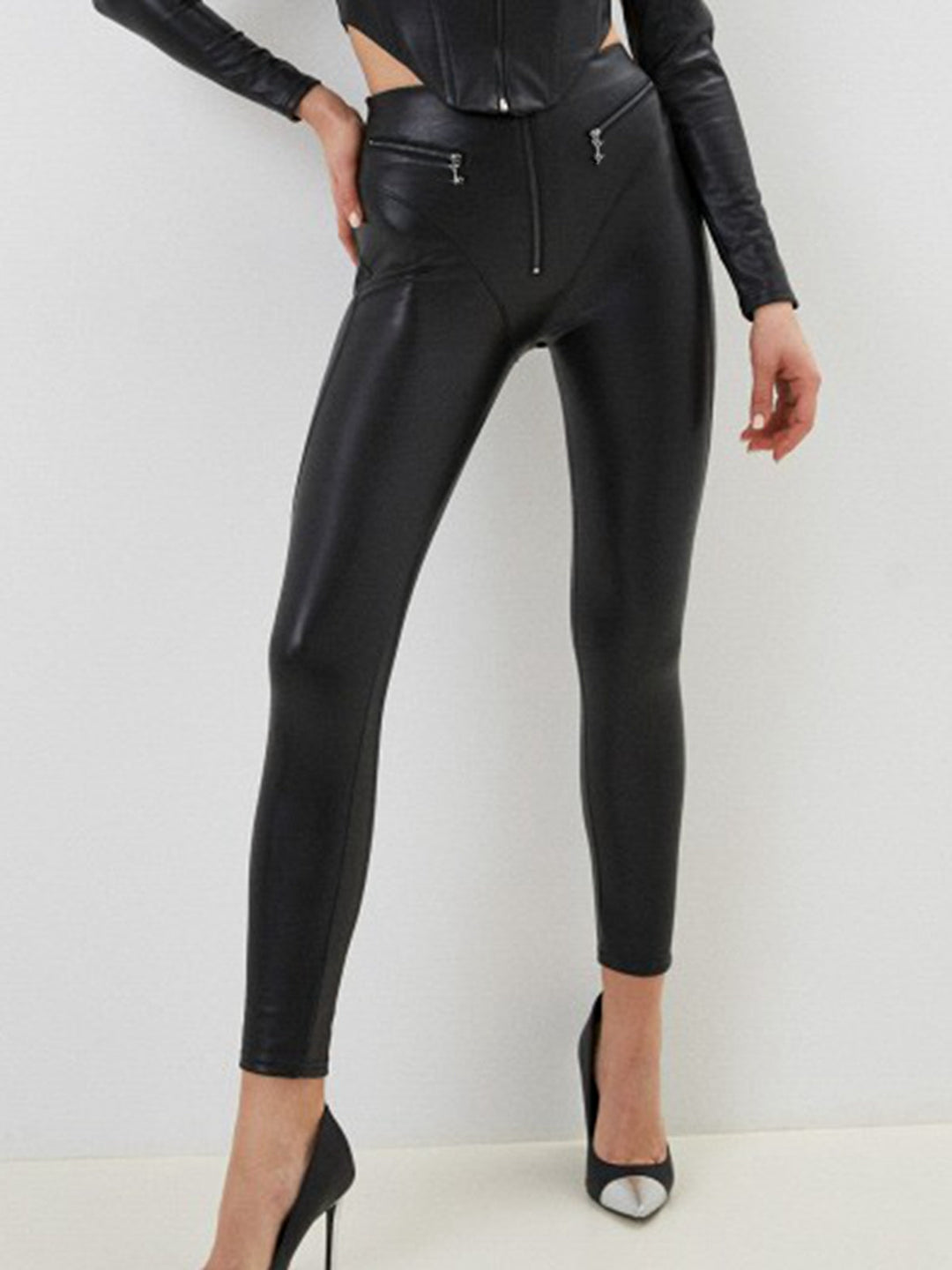 Female PU Zipper Fly-eye Hip-lift Leggings