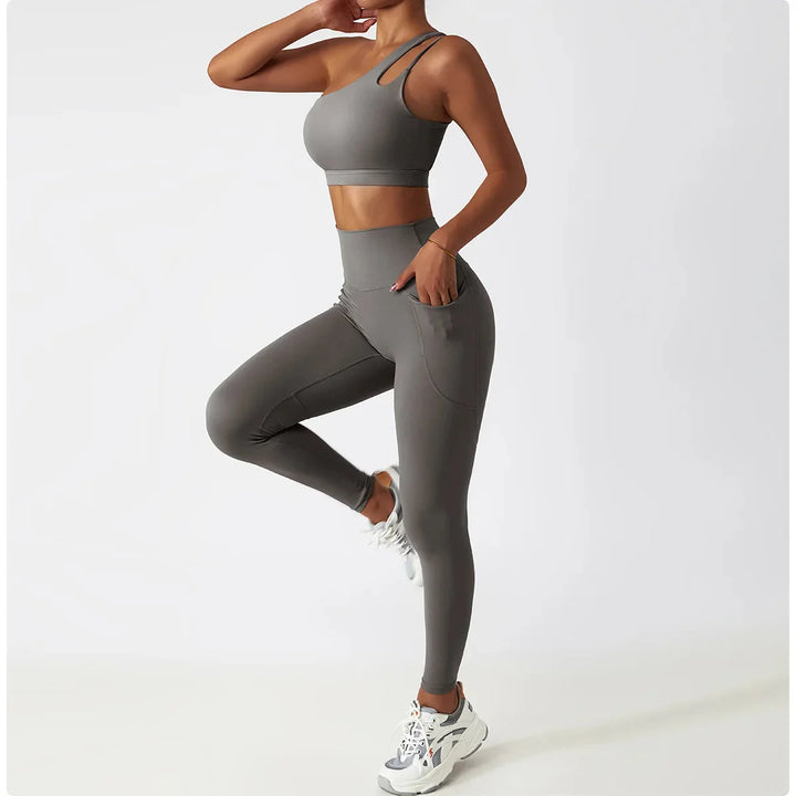 Elevate Your Workout: Stylish One-Shoulder Yoga Set with Leggings and Crop Top