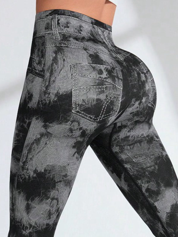 Female Hot Tie-dye Denim Pocket Scrunch Bum Leggings