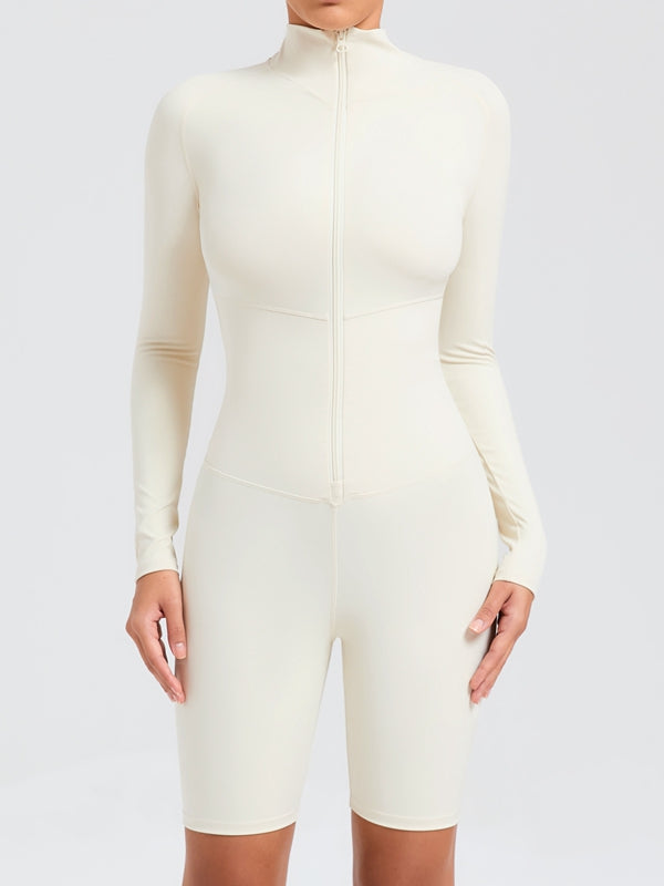 Female Zipper Stand Collar Long-Sleeved Short Jumpsuit