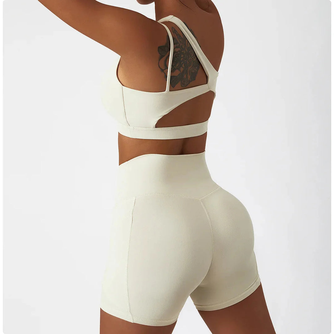 Elevate Your Workout with the Depth One-Shoulder Seamless Yoga Set - Stylish Shorts & Top Combo