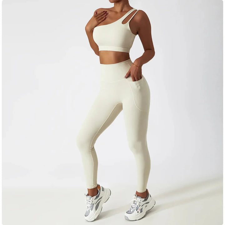 Elevate Your Workout: Stylish One-Shoulder Yoga Set with Leggings and Crop Top