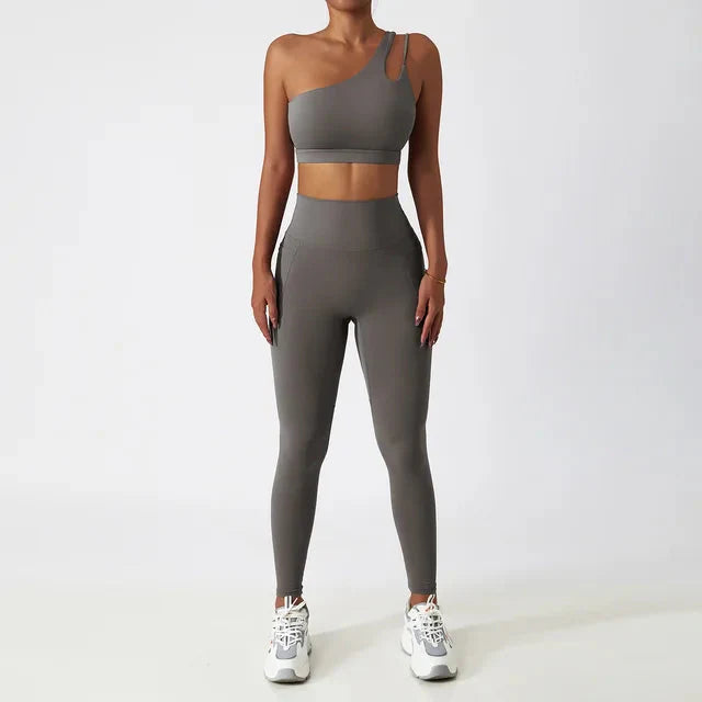 Elevate Your Workout: Stylish One-Shoulder Yoga Set with Leggings and Crop Top