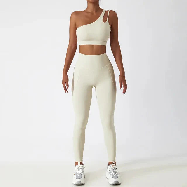 Elevate Your Workout: Stylish One-Shoulder Yoga Set with Leggings and Crop Top