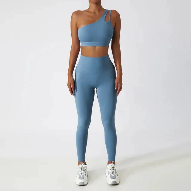 Elevate Your Workout: Stylish One-Shoulder Yoga Set with Leggings and Crop Top