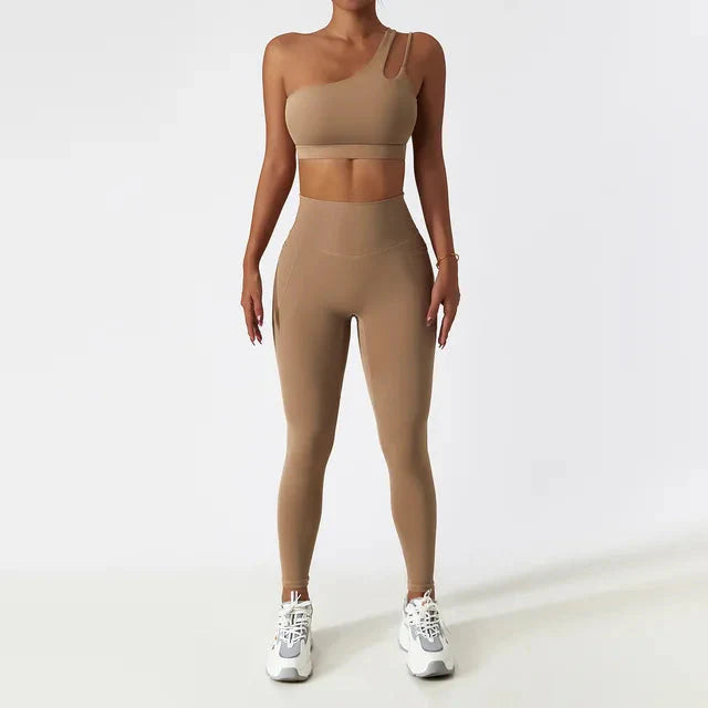 Elevate Your Workout: Stylish One-Shoulder Yoga Set with Leggings and Crop Top